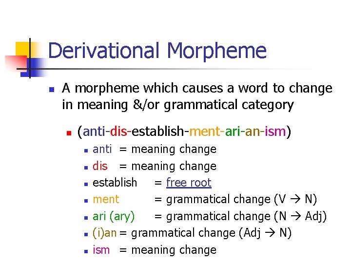 Derivational Morpheme n A morpheme which causes a word to change in meaning &/or