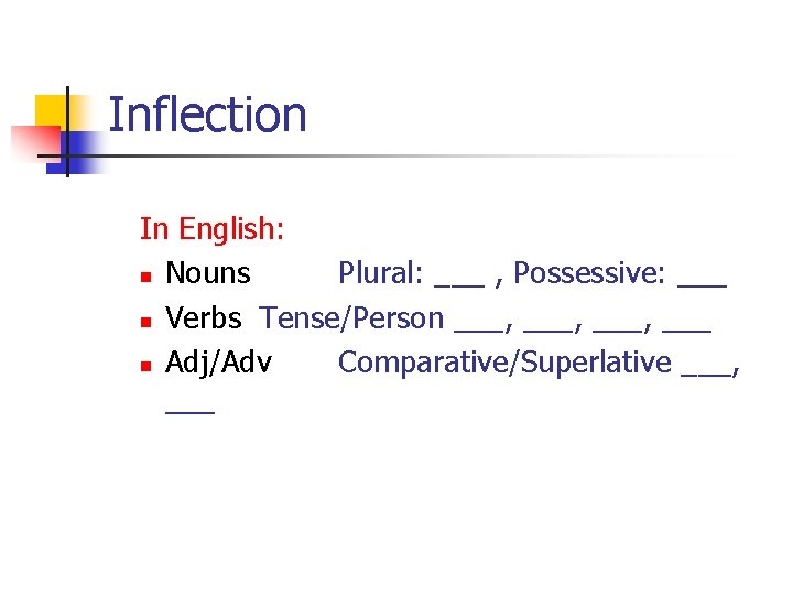 Inflection In English: n Nouns Plural: ___ , Possessive: ___ n Verbs Tense/Person ___,