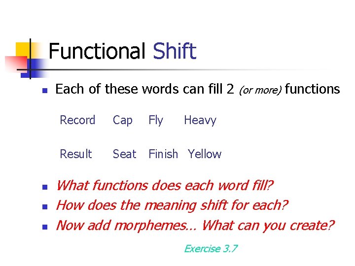 Functional Shift n n Each of these words can fill 2 Record Cap Fly