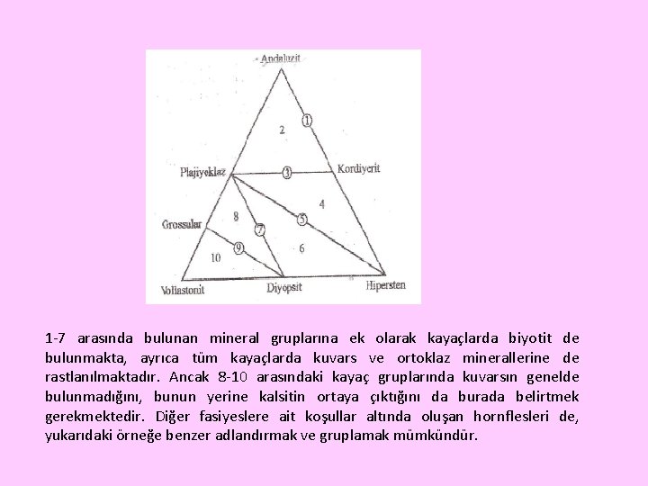 1 -7 arasında bulunan mineral gruplarına ek olarak kayaçlarda biyotit de bulunmakta, ayrıca tüm