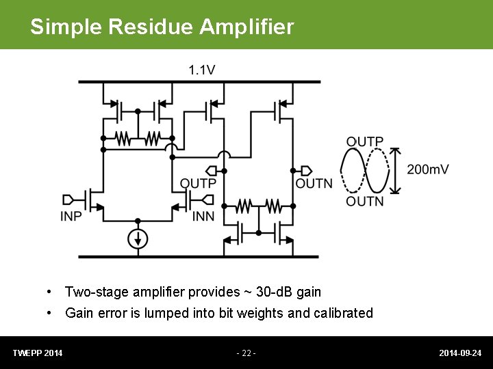 Simple Residue Amplifier • Two-stage amplifier provides ~ 30 -d. B gain • Gain