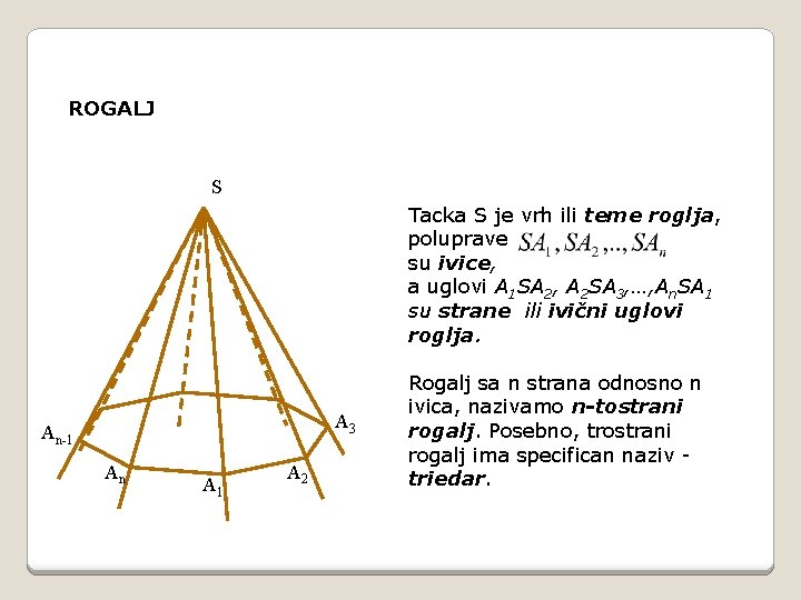 ROGALJ S Tacka S je vrh ili teme roglja, poluprave su ivice, a uglovi