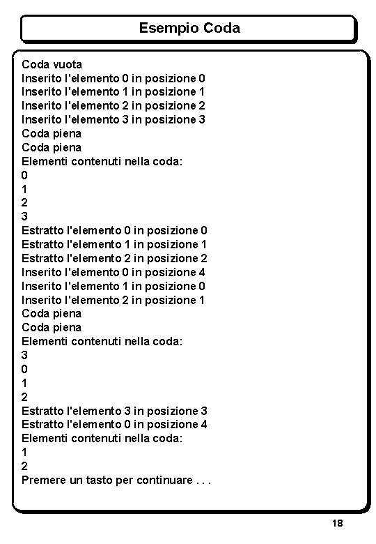 Esempio Coda vuota Inserito l'elemento 0 in posizione 0 Inserito l'elemento 1 in posizione