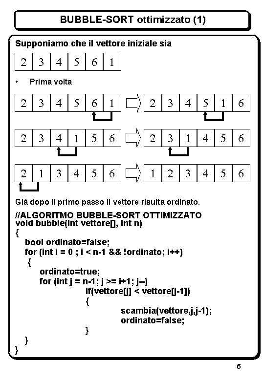 BUBBLE-SORT ottimizzato (1) Supponiamo che il vettore iniziale sia 2 3 • 4 5 BUBBLE-SORT ottimizzato (1) Supponiamo che il vettore iniziale sia 2 3 • 4 5