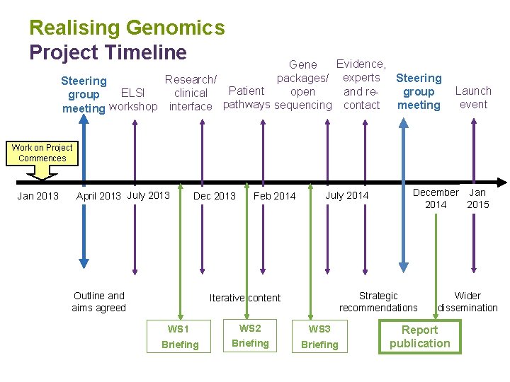 Realising Genomics Project Timeline Evidence, Gene packages/ experts Steering Research/ Steering Patient and reopen