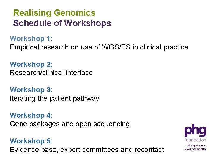 Realising Genomics Schedule of Workshops Workshop 1: Empirical research on use of WGS/ES in