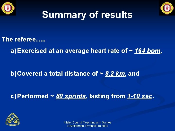 Summary of results The referee…. . a) Exercised at an average heart rate of