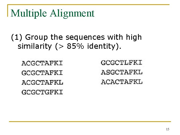 Multiple Alignment (1) Group the sequences with high similarity (> 85% identity). 15 