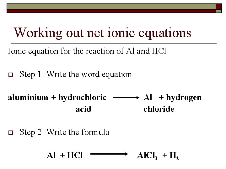 Working out net ionic equations Ionic equation for the reaction of Al and HCl