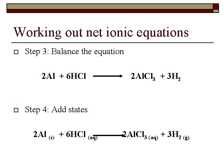 Working out net ionic equations o Step 3: Balance the equation 2 Al +