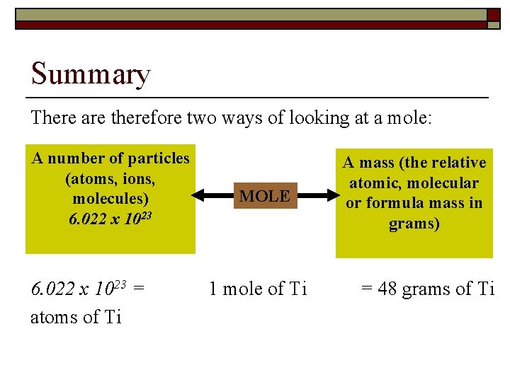 Summary There are therefore two ways of looking at a mole: A number of