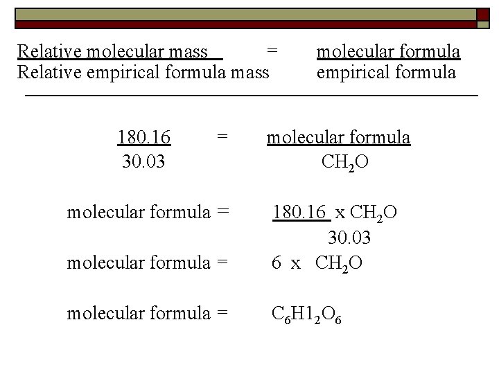 Relative molecular mass = Relative empirical formula mass 180. 16 30. 03 = molecular
