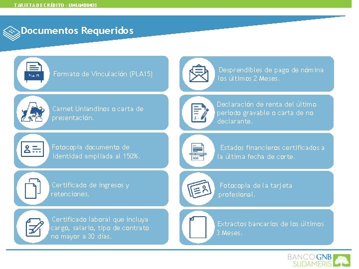 TARJETA DE CRÉDITO - UNIANDINOS Documentos Requeridos Formato de Vinculación (PLA 15) • •