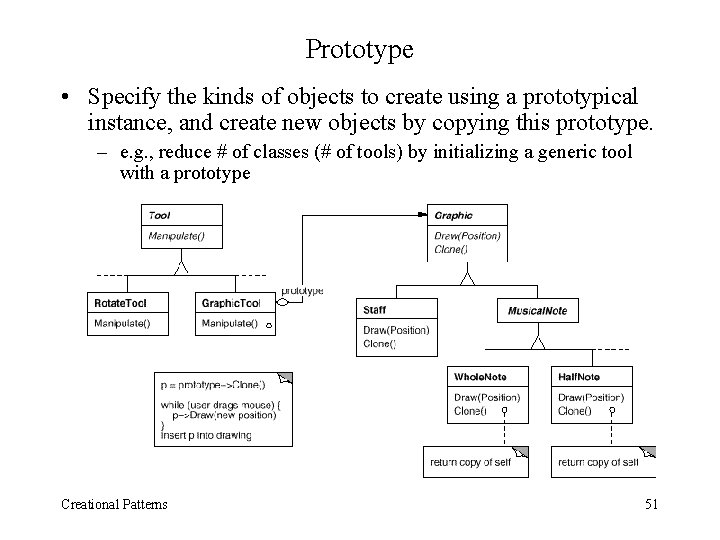 Prototype • Specify the kinds of objects to create using a prototypical instance, and