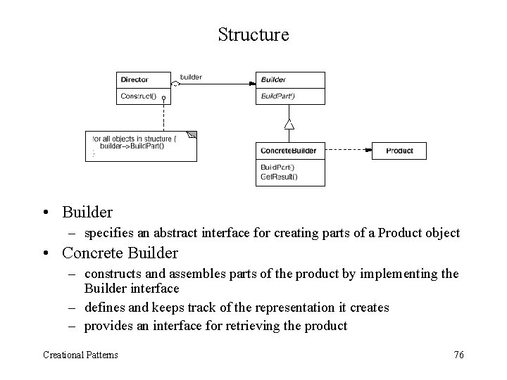 Structure • Builder – specifies an abstract interface for creating parts of a Product