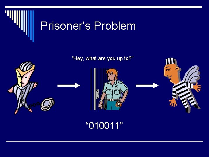 Prisoner’s Problem “Hey, what are you up to? ” “ 010011” 