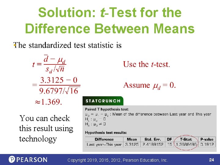 Solution: t-Test for the Difference Between Means • You can check this result using