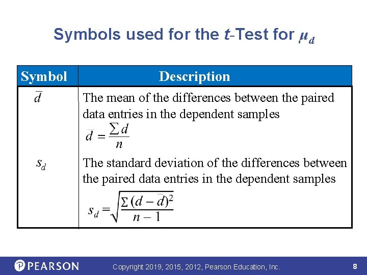 Symbols used for the t-Test for μd Symbol Description The mean of the differences