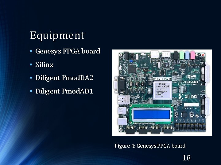 Equipment • Genesys FPGA board • Xilinx • Diligent Pmod. DA 2 • Diligent Equipment • Genesys FPGA board • Xilinx • Diligent Pmod. DA 2 • Diligent