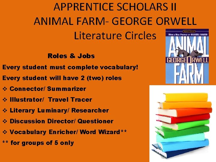 APPRENTICE SCHOLARS II ANIMAL FARM- GEORGE ORWELL Literature Circles Roles & Jobs Every student