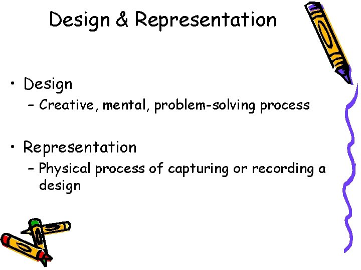 Design & Representation • Design – Creative, mental, problem-solving process • Representation – Physical