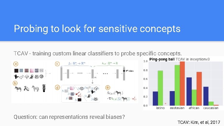 Probing to look for sensitive concepts TCAV - training custom linear classifiers to probe