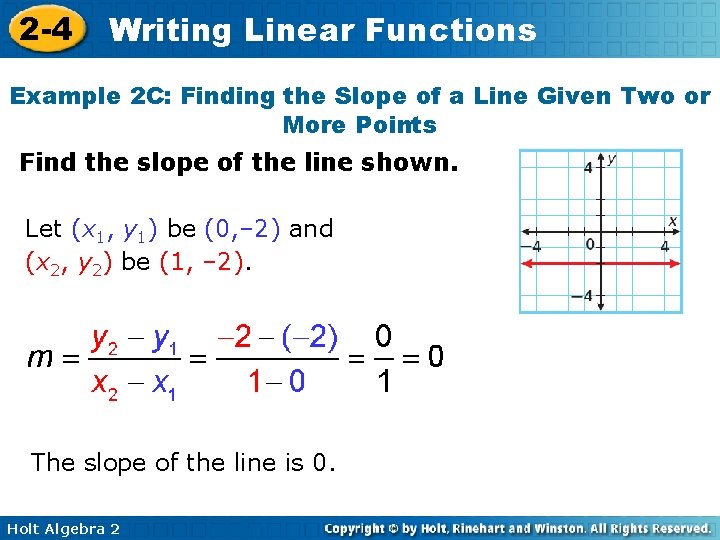 2 -4 Writing Linear Functions Example 2 C: Finding the Slope of a Line 2 -4 Writing Linear Functions Example 2 C: Finding the Slope of a Line