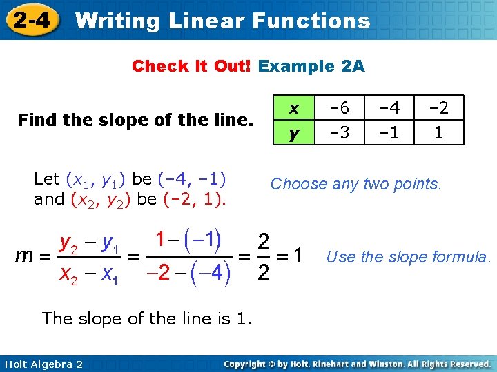2 -4 Writing Linear Functions Check It Out! Example 2 A Find the slope 2 -4 Writing Linear Functions Check It Out! Example 2 A Find the slope