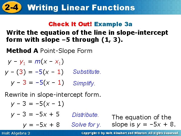 2 -4 Writing Linear Functions Check It Out! Example 3 a Write the equation 2 -4 Writing Linear Functions Check It Out! Example 3 a Write the equation