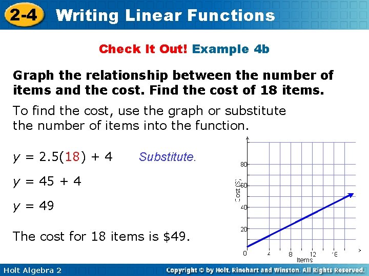 2 -4 Writing Linear Functions Check It Out! Example 4 b Graph the relationship 2 -4 Writing Linear Functions Check It Out! Example 4 b Graph the relationship