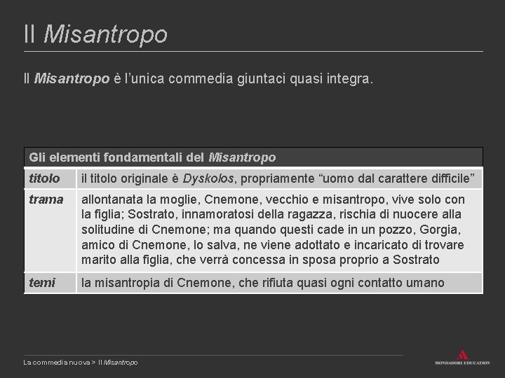 Il Misantropo è l’unica commedia giuntaci quasi integra. Gli elementi fondamentali del Misantropo titolo