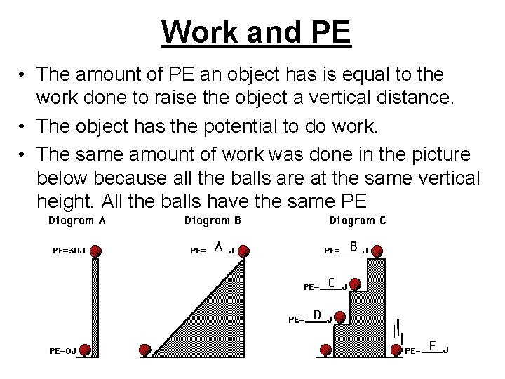 Work and PE • The amount of PE an object has is equal to