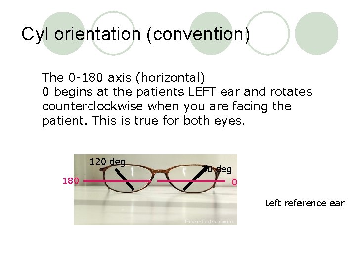 Cyl orientation (convention) The 0 -180 axis (horizontal) 0 begins at the patients LEFT