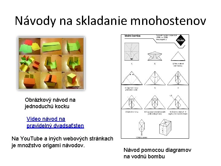 Návody na skladanie mnohostenov Obrázkový návod na jednoduchú kocku Video návod na pravidelný dvadsaťsten