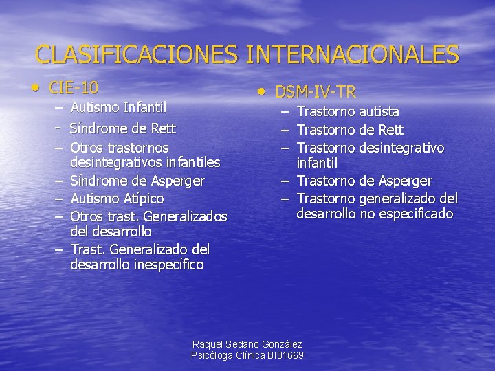 CLASIFICACIONES INTERNACIONALES • CIE-10 – Autismo Infantil - Síndrome de Rett – Otros trastornos