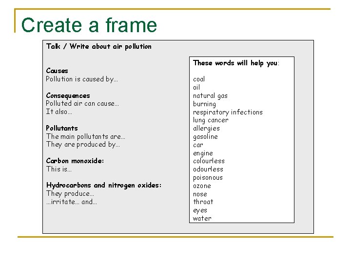 Create a frame Talk / Write about air pollution Causes Pollution is caused by…