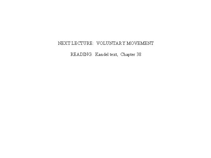NEXT LECTURE: VOLUNTARY MOVEMENT READING: Kandel text, Chapter 38 NEXT LECTURE: VOLUNTARY MOVEMENT READING: Kandel text, Chapter 38