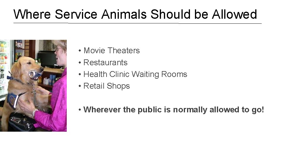 Where Service Animals Should be Allowed • Movie Theaters • Restaurants • Health Clinic