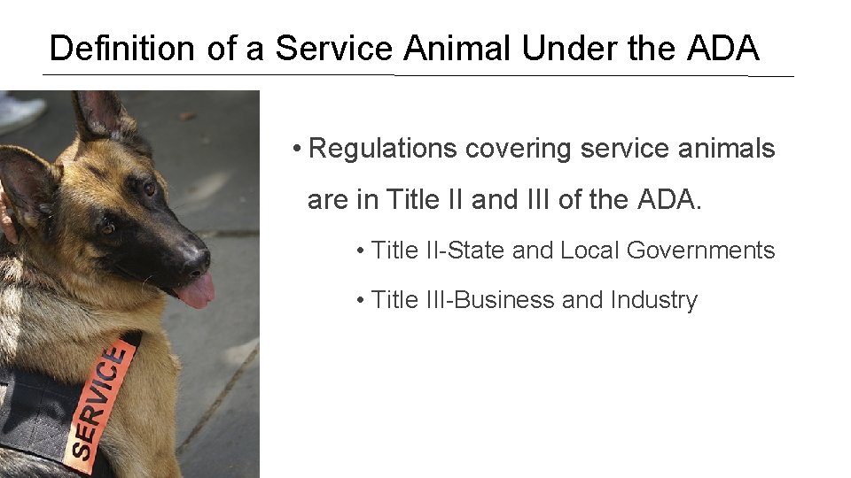 Definition of a Service Animal Under the ADA • Regulations covering service animals are