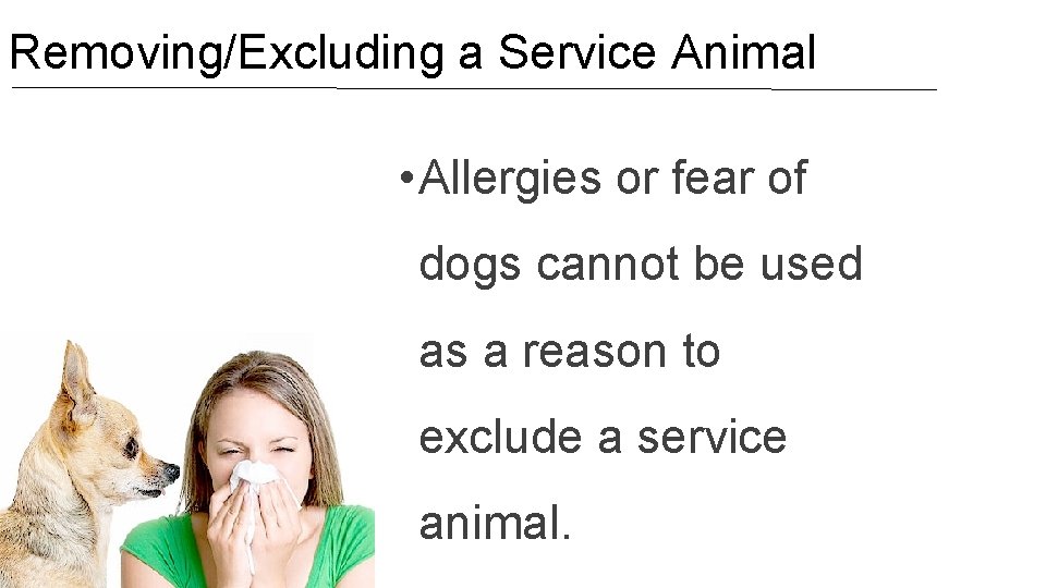 Removing/Excluding a Service Animal • Allergies or fear of dogs cannot be used as