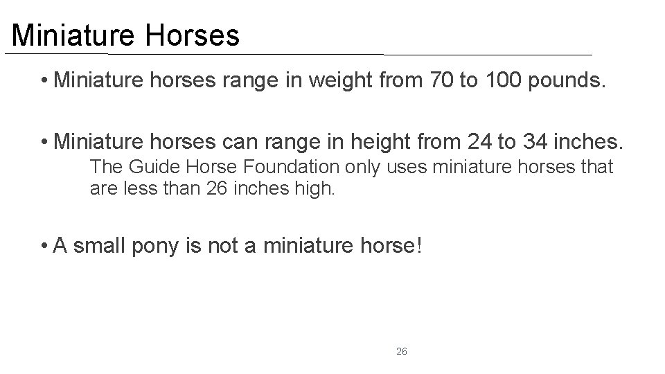 Miniature Horses • Miniature horses range in weight from 70 to 100 pounds. •
