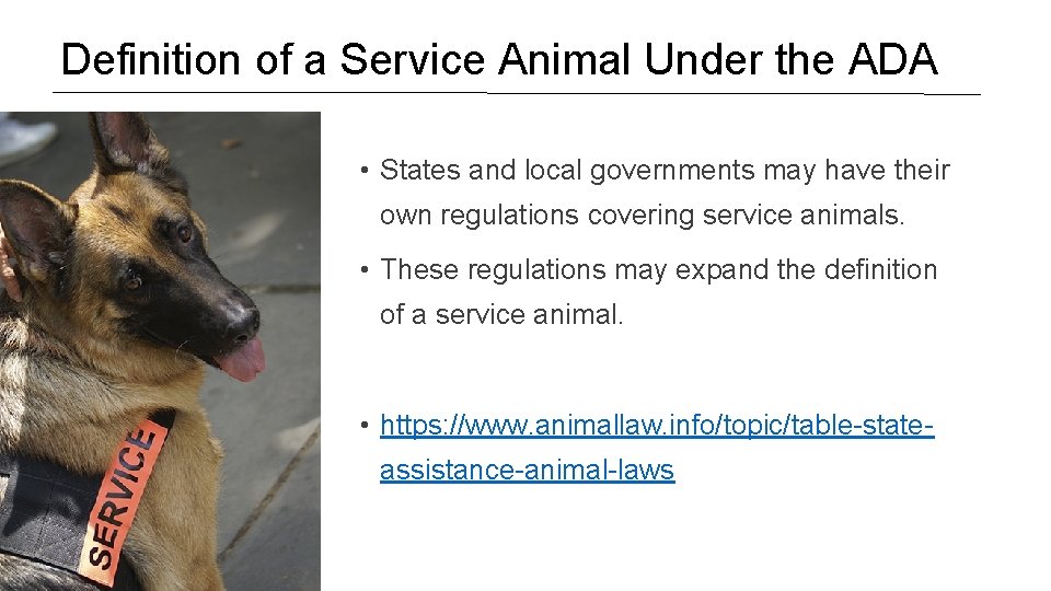 Definition of a Service Animal Under the ADA • States and local governments may