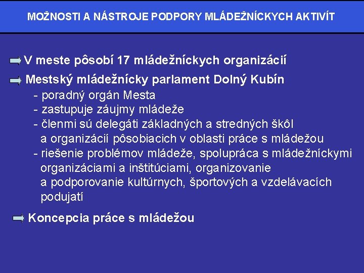 MOŽNOSTI A NÁSTROJE PODPORY MLÁDEŽNÍCKYCH AKTIVÍT V meste pôsobí 17 mládežníckych organizácií Mestský mládežnícky