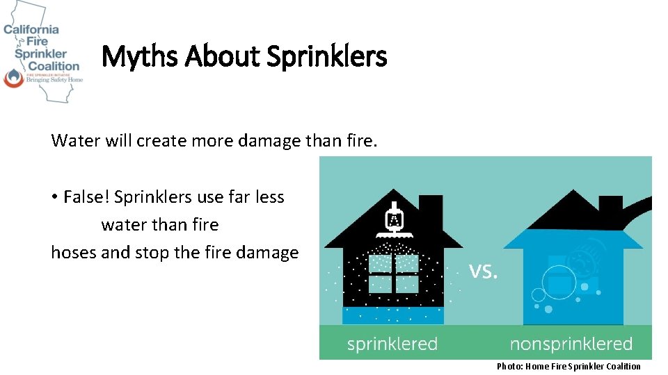 Myths About Sprinklers Water will create more damage than fire. • False! Sprinklers use