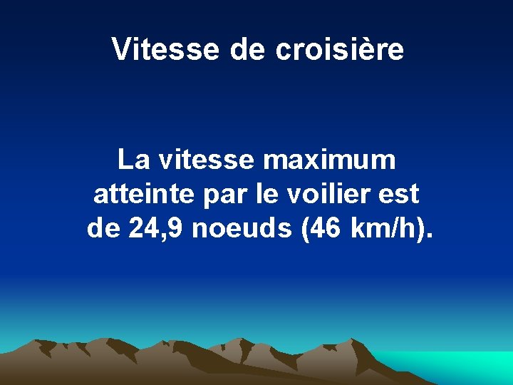 Vitesse de croisière La vitesse maximum atteinte par le voilier est de 24, 9