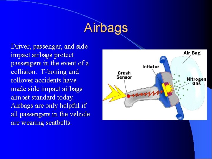 Airbags Driver, passenger, and side impact airbags protect passengers in the event of a