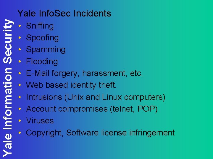 Yale Information Security Yale Info. Sec Incidents • • • Sniffing Spoofing Spamming Flooding