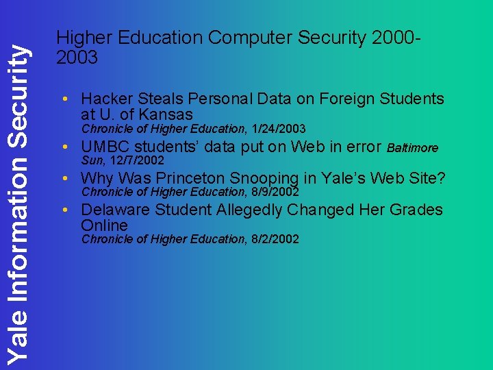 Yale Information Security Higher Education Computer Security 20002003 • Hacker Steals Personal Data on