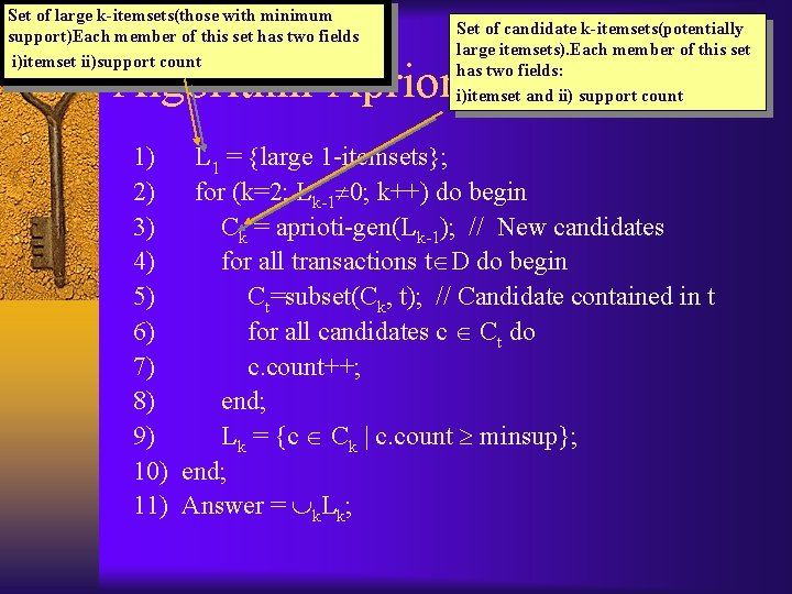 Set of large k-itemsets(those with minimum support)Each member of this set has two fields