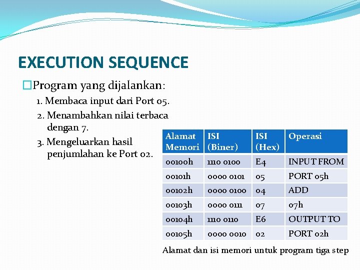 EXECUTION SEQUENCE �Program yang dijalankan: 1. Membaca input dari Port 05. 2. Menambahkan nilai